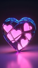 Shattered Heart, Glowing Love: A mesmerizing 3D render of a fractured glass heart, with smaller hearts glowing from within, symbolizes resilience, vulnerability, and the enduring power of love.  