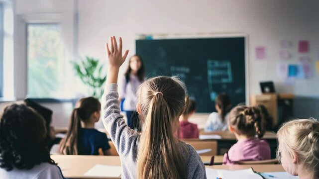 Young girl is eagerly raising his hand to participate in classroom discussion. Primary public school classroom with a blackboard, teacher. Little child expresses her enthusiasm for a lesson.