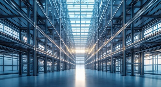 Spacious and Modern Warehouse Interior with Metallic Racks and Abundant Natural Light Streaming Through Glass Roof Panels
