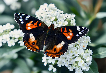 Naklejka premium Close-up of a vibrant Red Admiral butterfly perched delicately on white flowers amidst lush green foliage showcasing nature's intricate beauty and color contrast