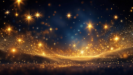 Golden bright lights on a dark background. Christmas background
