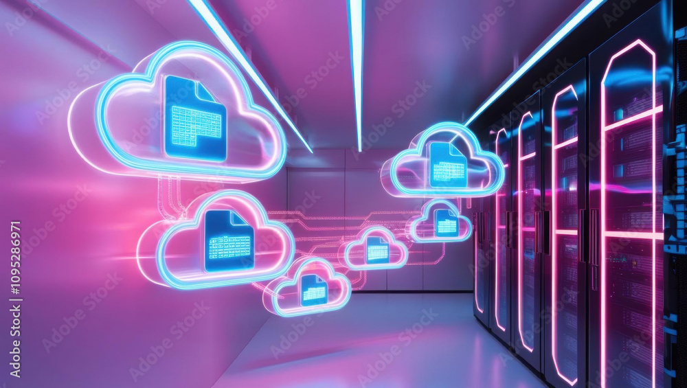 Aufkleber dynamic cloud backups and glowing file transfers create futuristic neon ambiance in high tech data c