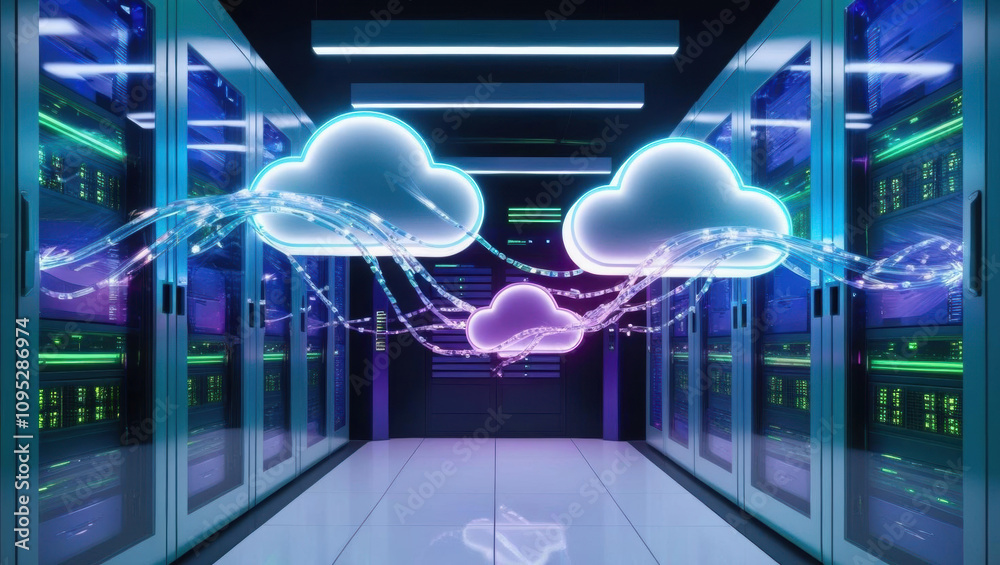 Poster dynamic cloud backups and glowing file transfers create futuristic neon ambiance in high tech server