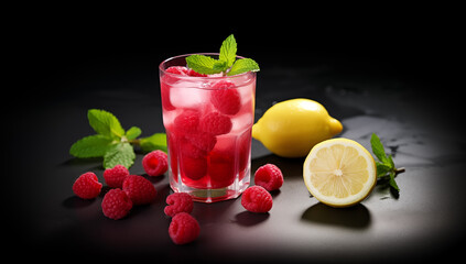 Refreshing raspberry lemonade served in a glass with ice, mint, fresh raspberries, and lemon slices on a clean white surface