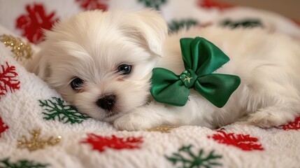 A cute white puppy with a green bow resting on a festive blanket.