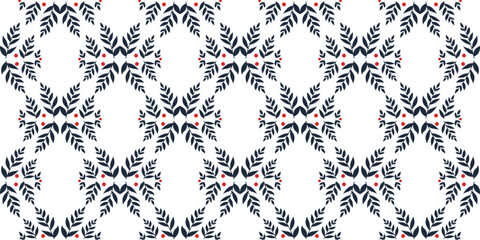 Intricate pattern featuring dark leaves and red berries on a white background