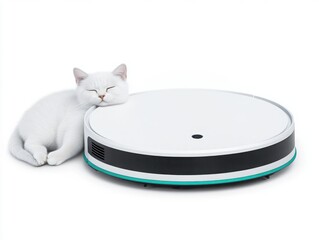 Relaxed Cat Enjoying a Nap on a Robotic Vacuum Cleaner in a Cozy Home Environment Illustrating the Harmony Between Technology and Pets