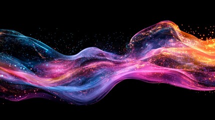 A vibrant wave of colorful light and particles against a black background, evoking a sense of movement and energy.