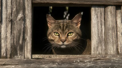Close-Up of a Curious Domestic Cat Peering Through a Rustic Wooden Window Frame in Natural Light, Capturing Its Striking Green Eyes and Detailed Fur Texture