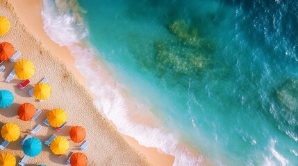 Obraz premium Aerial view of colorful beach umbrellas and lounge chairs on a sandy beach next to turquoise ocean waves.