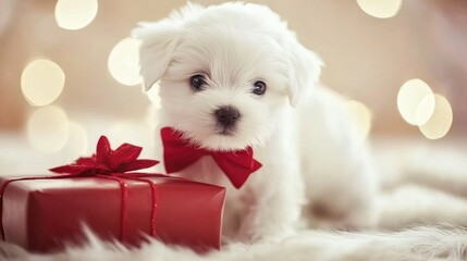 A cute white puppy with a red bow tie next to a gift on a fluffy surface with soft lighting.