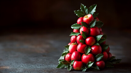Red apples arranged in a pyramid, decorated with green holly leaves on a dark surface. Concept of festive fruit decoration. For holiday-themed displays