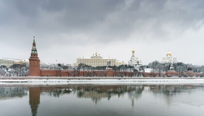 Obraz premium 눈 덮인 모스크바의 크렘린 성벽