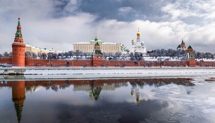 Obraz premium 눈 덮인 모스크바의 크렘린 성벽