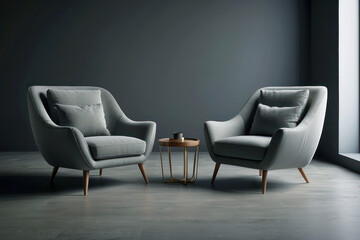 Open plan interior design with grey armchairs