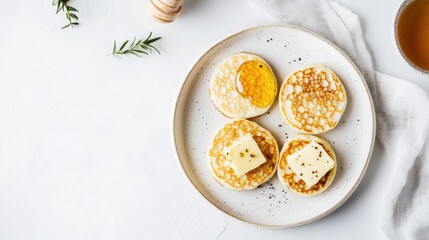 きれいな白い背景にバターと蜂蜜を塗ったパンケーキの航空写真
