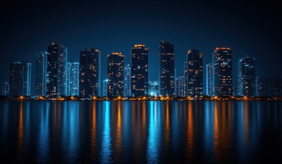 Fototapeta premium Stunning Night View of Urban Skyline with Reflections on Water, Showcasing Tall Buildings and Vibrant City Lights in a Modern Atmosphere