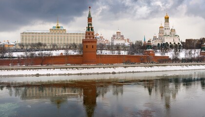 Obraz premium 눈 덮인 모스크바의 크렘린 성벽