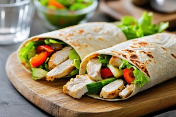 Chicken and salad tortilla wraps on a wooden board with an elegant rustic touch.