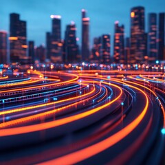 Dynamic Nighttime Cityscape with Colorful Light Trails and Illuminated Skyscrapers in Urban Environment Reflecting Modern Architecture and Technology
