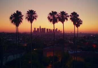 Sunset Over the Los Angeles Skyline with Palm Trees Silhouetted Against a Colorful Sky and Urban Landscape at Dusk, Captivating City View