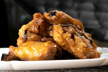 Fried eggplants with meat on a wooden background. Food concept. Chinese food.