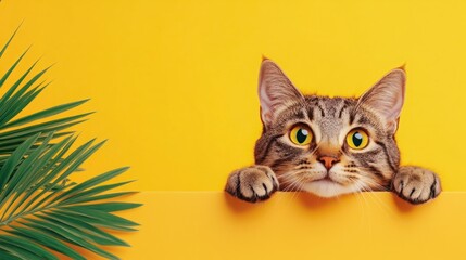 Adorable Tabby Cat Peeking Over Bright Yellow Background Surrounded by Lush Green Leaves, Capturing the Essence of Playfulness and Curiosity