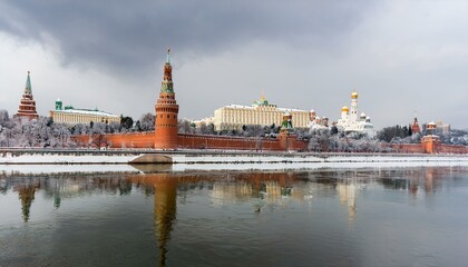 눈 덮인 모스크바의 크렘린 성벽
