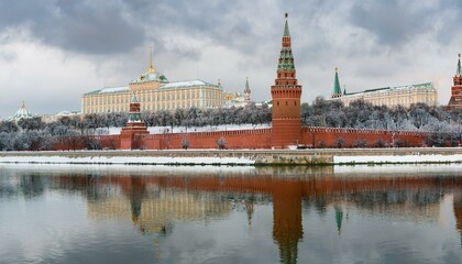 Obraz premium 눈 덮인 모스크바의 크렘린 성벽 