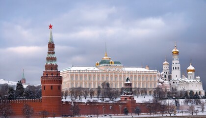 Obraz premium 눈 덮인 모스크바의 크렘린 성벽 