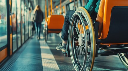 Public transportation accessibility for disabled individuals, Symbolizing mobility and inclusivity, photography style