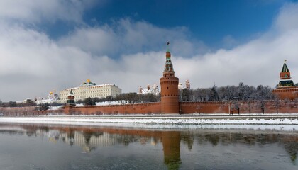 Obraz premium 눈 덮인 모스크바의 크렘린 성벽 