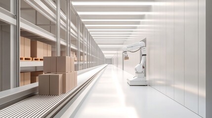 Obraz premium Futuristic Warehouse Automation with Robotic Arm Sorting Boxes on Conveyor Belt in 3D Rendered Corridor
