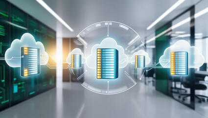 Seamless cloud deployment with glowing server icons in futuristic tech workspace, showcasing advanced technology and connectivity