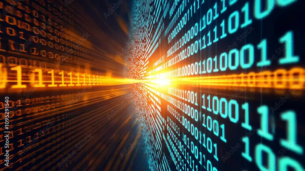 Poster Abstract Representation of Data Flow with Glowing Lines and Binary Code Pattern Illustrating Technology and Innovation in a Digital Environment
