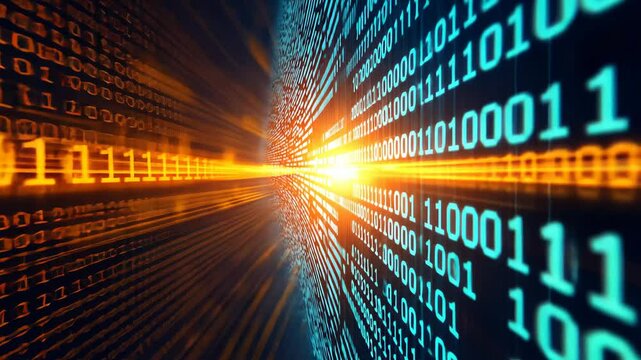 Abstract Representation of Data Flow with Glowing Lines and Binary Code Pattern Illustrating Technology and Innovation in a Digital Environment