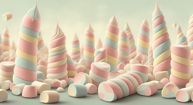 Forest Woods Landscape made from Marshmallows, Sugar Treat Marshmallow Candy Art, Sugary Gelatin Treat