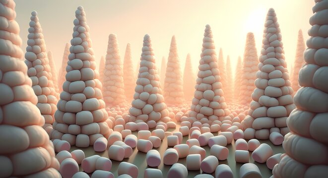 Forest Woods Landscape made from Marshmallows, Sugar Treat Marshmallow Candy Art, Sugary Gelatin Treat
