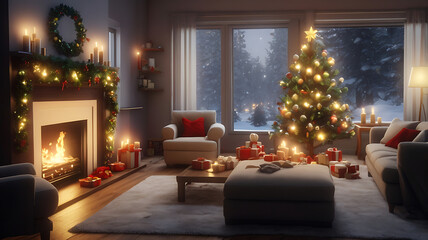 christmas tree in front of fireplace
