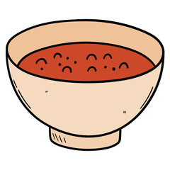 Hand drawn cartoon bowl of hot chili soup on white background.