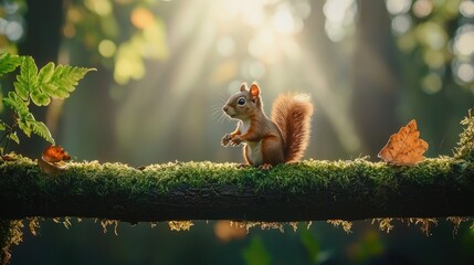 Fototapeta premium A charming squirrel sits on a mossy branch, surrounded by soft sunlight filtering through the forest, creating a serene and magical atmosphere.