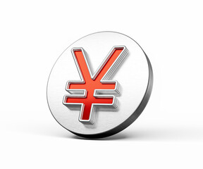 Vibrant Red Japanese Yen Currency Symbol On A Metallic Silver Disc Icon 3D Illustration