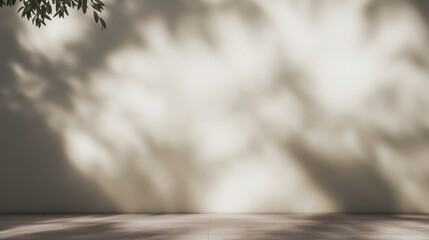 Overhead View Beige Wall with Leaf Shadows, Minimalist Composition, Empty Room, Tranquil Atmosphere. Background, Mockup, Shadow