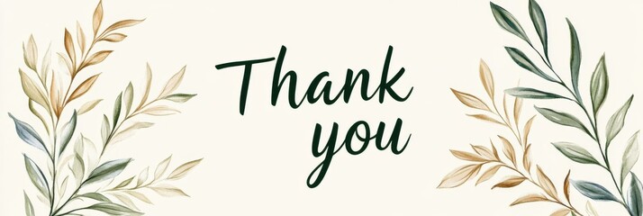 "Thank you" in green watercolor style line art with soft curves and elegant lettering, on a white background with minimal beige and brown leaves