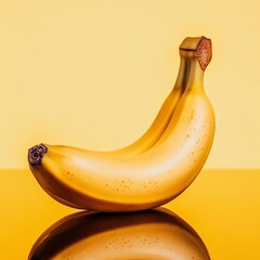 A ripe banana on a reflective surface, its smooth yellow skin glowing under intense lighting, banana highlight, minimalist elegance
