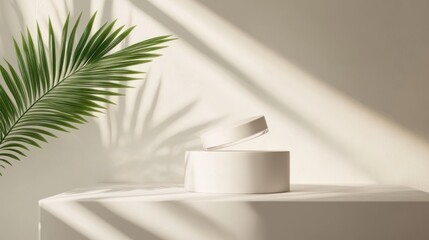 Close up of Abstract white podium or pedestal, round platform with palm leaf shadow on cream background. Ai generated image