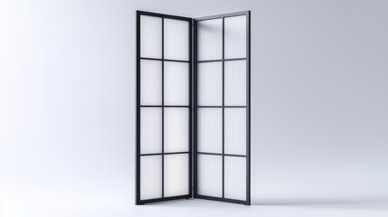 Minimalist glass partition with black metal frame against pale background