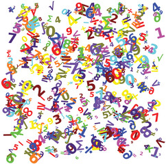 colorful numbers and mathematical symbols randomly placed on a white background, ideal as a concept of mathematics, calculation, and school