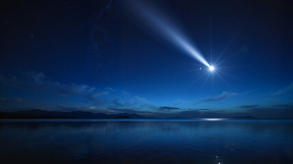 Star illuminating a calm lake under the night sky