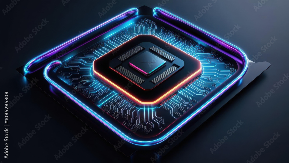Poster futuristic cpu with glowing circuit patterns in neon tones on dark background, showcasing advanced t